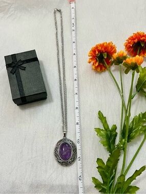 NWOT Silver Necklace with Amethyst Purple Stone Pendant - Elegant Womens Jewelry